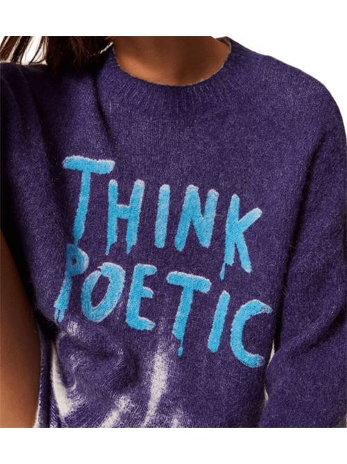 Maglia da donna in misto lana, girocollo, stampa digitale effetto spray THINK POETIC celeste sullo sfondo viola. TWINSET | 252AQ306113035